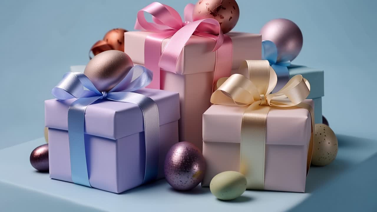 Colorful Easter Gifts and Decorative Eggs Arranged on a Soft Blue Surface, Celebrating the Joy of Spring and Festive Occasions with Delightful Surprises