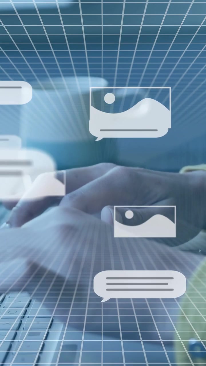 Vertical video: Woman typing keys causing tech grid pics filling hands reaching cell for messages