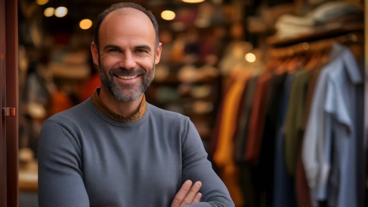 Salesman of a men's clothing store with his arms crossed looks at the camera smiling