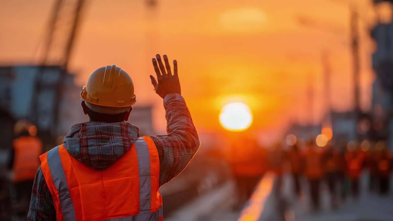 Construction Workers Enjoying a Beautiful Sunset While Waving Goodbye at the End of a Long Day, Highlighting Their Solidarity and Dedication to Their Craft