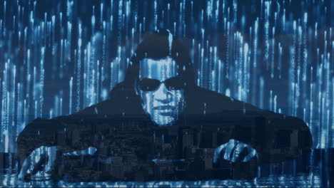 hacker in sunglasses typing over digital rain animation and cityscape