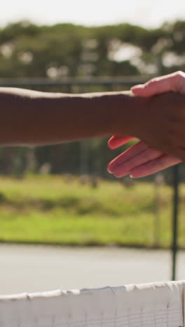 video of midsection of diverse female tennis players shaking hands