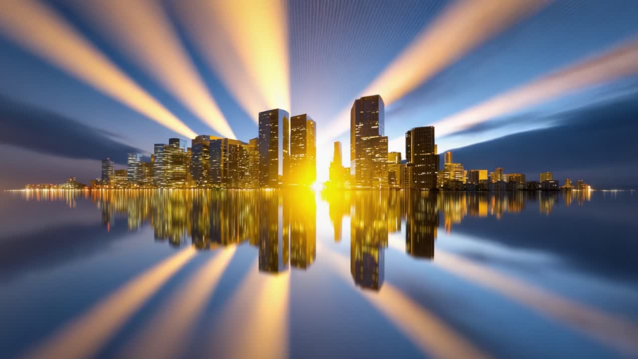 A Stunning Urban Landscape Showcasing a Vibrant City Skyline Reflected in Water at Sunset with Dynamic Light Effects and Dramatic Cloud Patterns