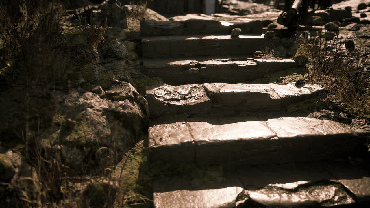 Stony steps leading to a tranquil outdoor area at sunset