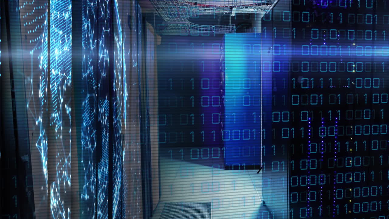 Animation of data processing and globe over server room