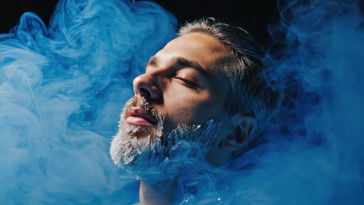 Man with frosted beard in blue smoke