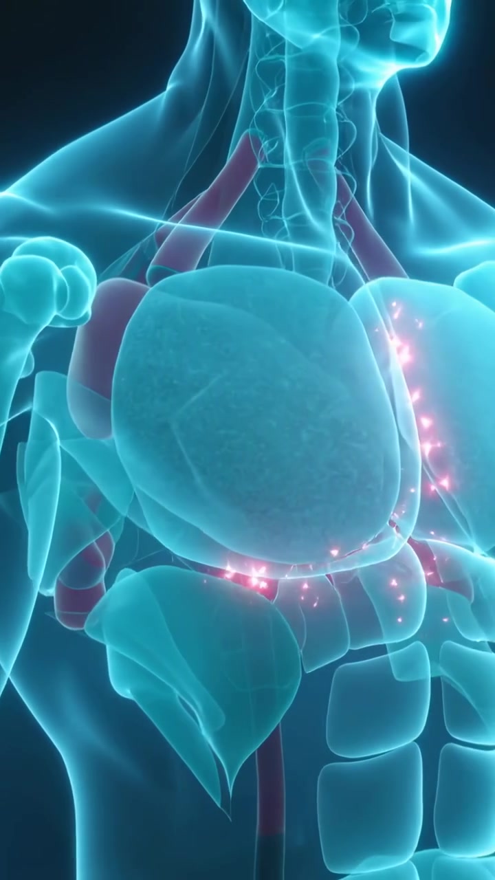 Vertical video: Rotating camera showing lungs in 3D, pink sparks gathering midchest for study