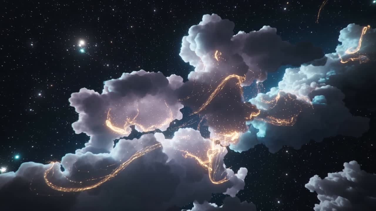 Vertical video: Shifting clouds in starfield as golden ribbons starting to trace and link lobes