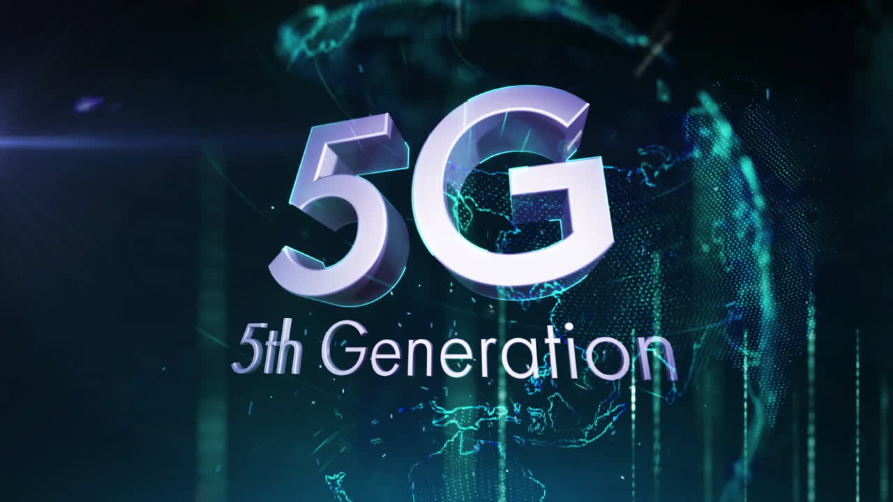 animación de 5g, quinta generación a través de la red global y procesamiento de datos en fondo oscuro