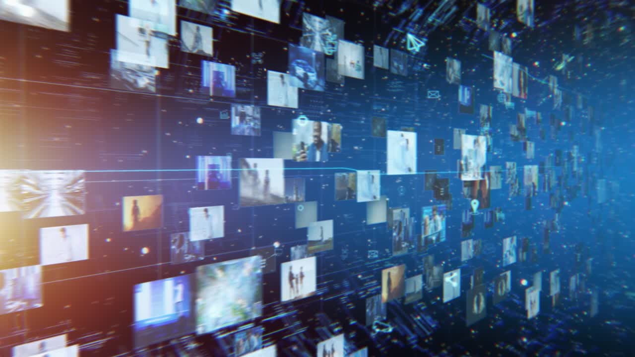 가상 소셜 미디어 현실과 함께 세계적인 웹으로 인터넷에 의해 상호 연결된 vfx 애니메이션 배경, 비디오, 아바타, 온라인 정보 공간에서 흐르는 빅 데이터와 함께 사물의 인터넷 개념.