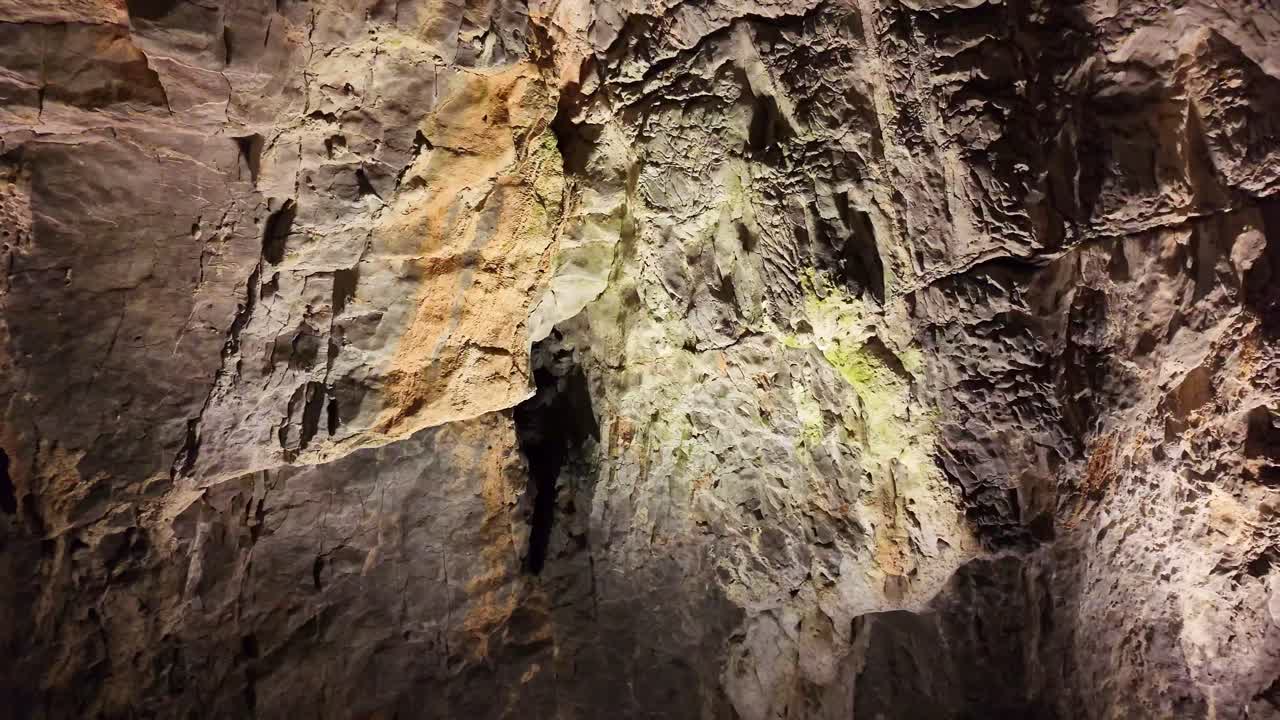 Inside view about the mineral side on the caves of Rochefort, Saint-Pierre-sur-Erve, Mayenne, France.