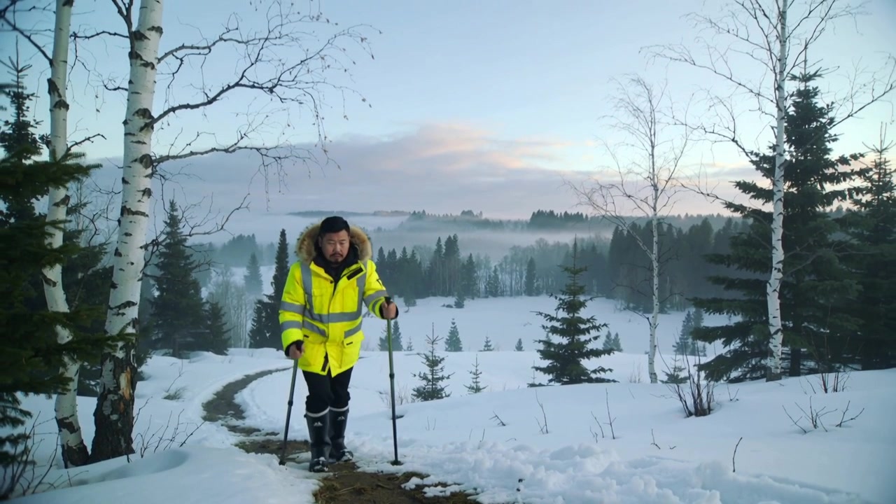 Starting ascent from valley, man in yellow hi-vis parka climbing snowy trail using trekking poles