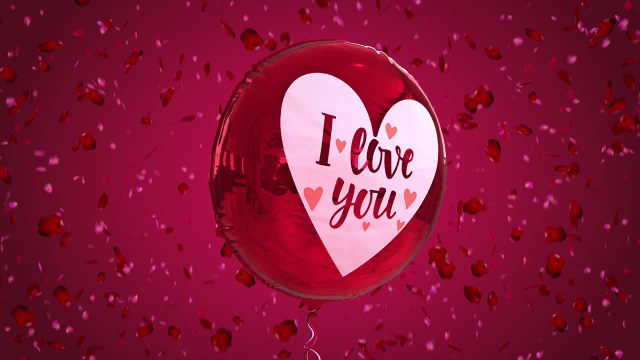 분홍색 및 빨간색 색 구성표, 풍선 및 떨어지는 빨간색 및 분홍색 장미 꽃잎으로 세인트 발렌타인 데이를 기념하는 고품질 계절 모션 그래픽 - "사랑해" 메시지