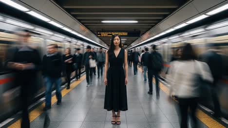 woman standing still on a subway platform with motion blur