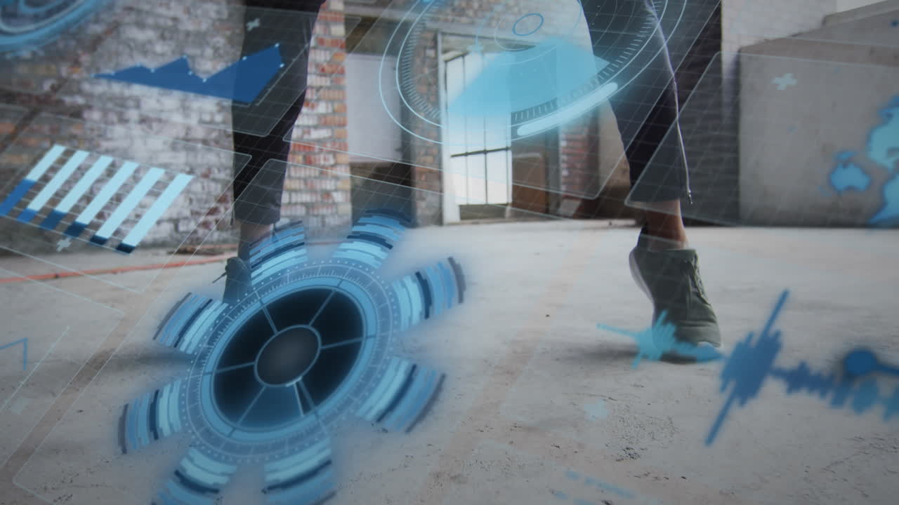 animación del procesamiento de datos financieros sobre el hombre afroamericano ejercitando