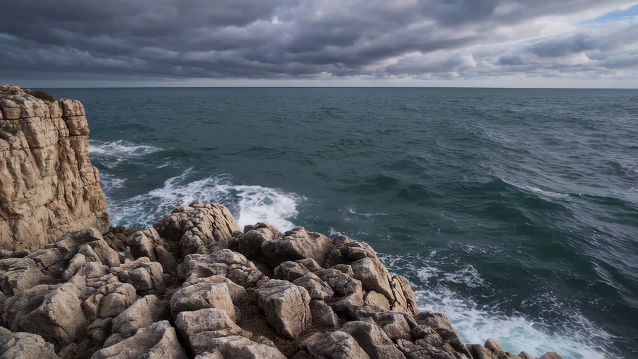 Onde tempestose che si infrangono contro la costa rocciosa