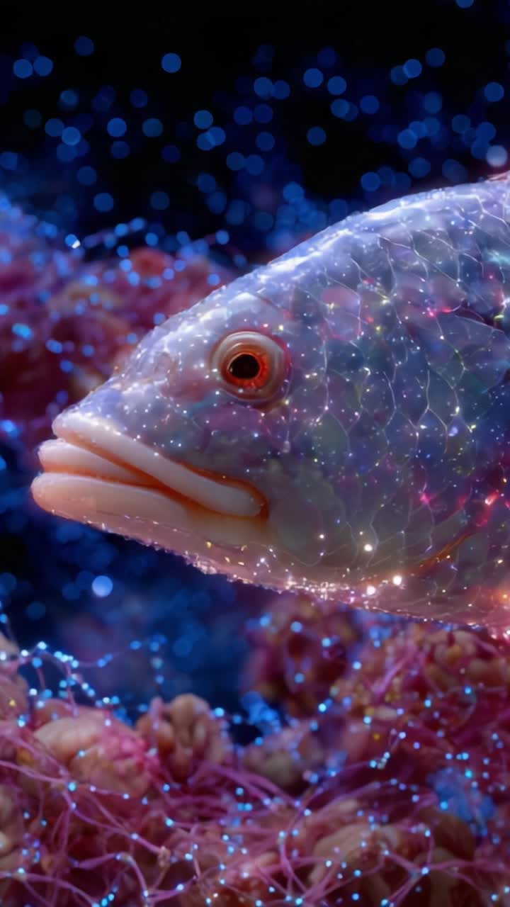 Un affascinante pesce luminescente circondato da colorate barriere coralline, che emana una magica luce in un ambiente sottomarino fantastico