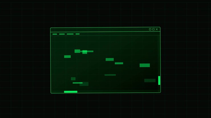 Digital Interface Window with Green Abstract Data Blocks