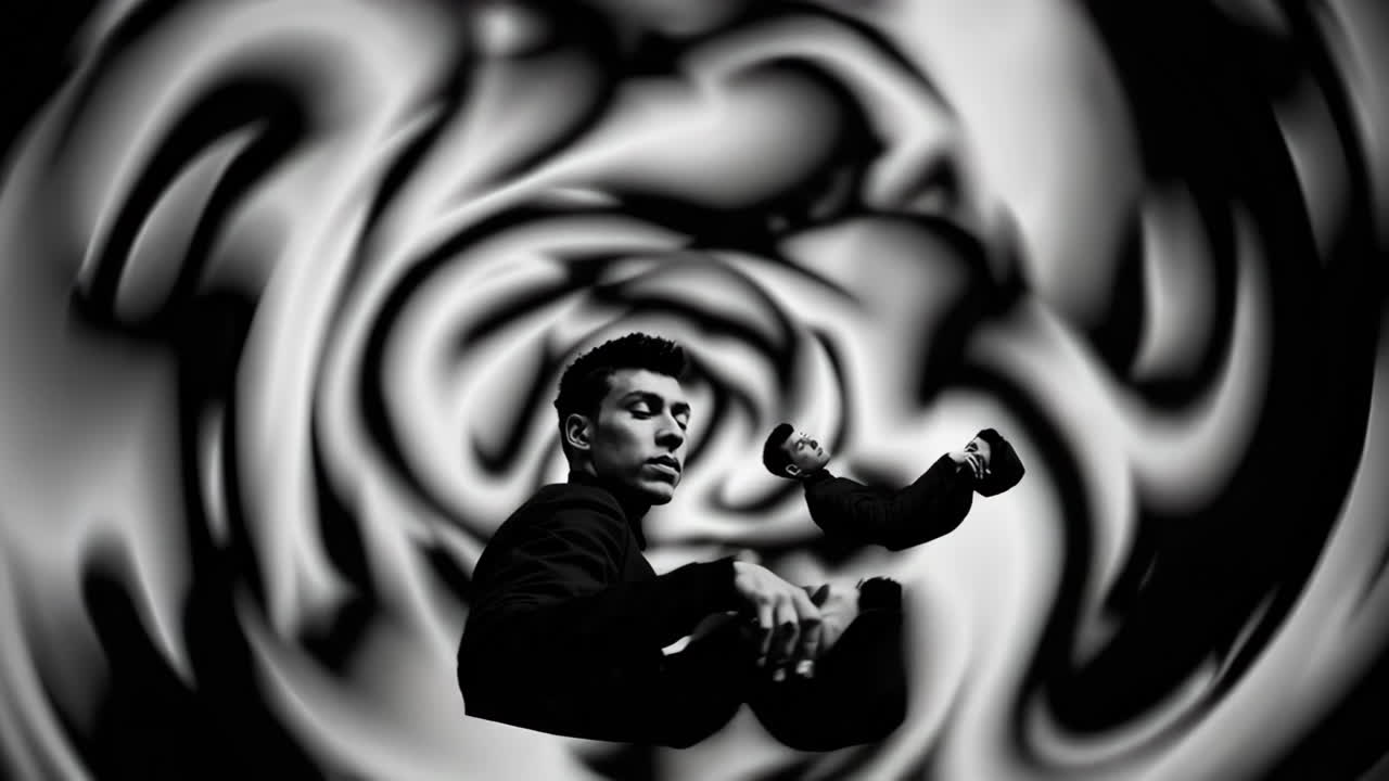 Surreal Monochrome Vortex with Distorted Male Figures