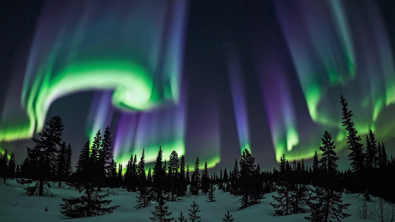 A mesmerizing wide-angle video captures vibrant green and purple auroras dancing over a snowy