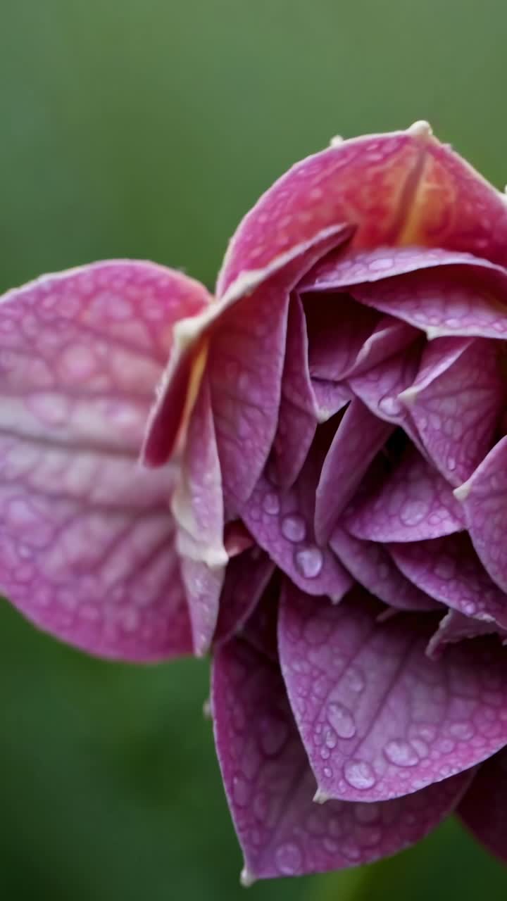 Close-up of a pink flower with dew drops, captured from a high-angle