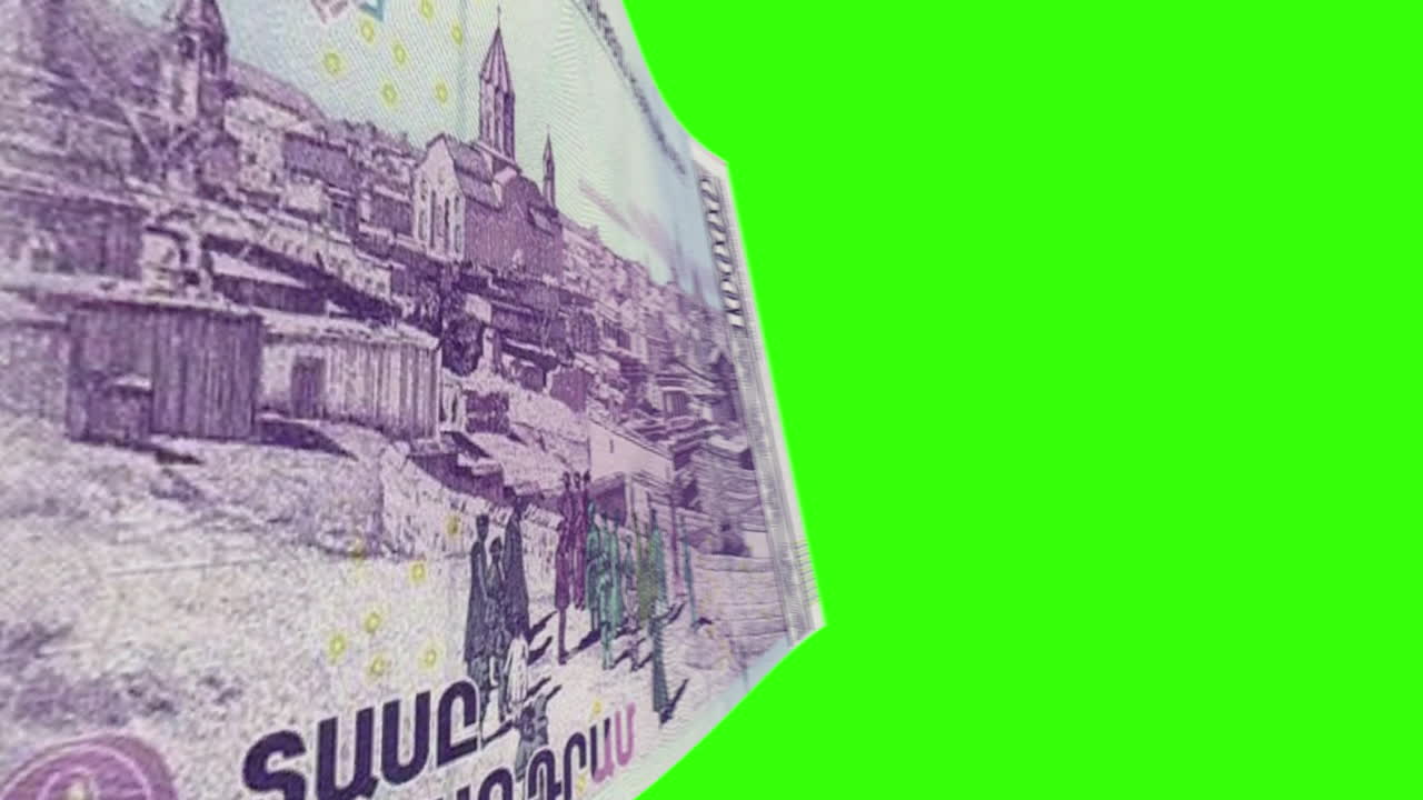 Armenian 10000 Dram Banknote with Historical City and Figures on Green Screen