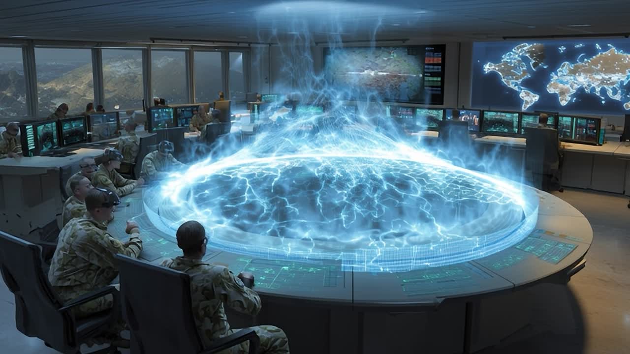 Military command center overseeing advanced technology operations