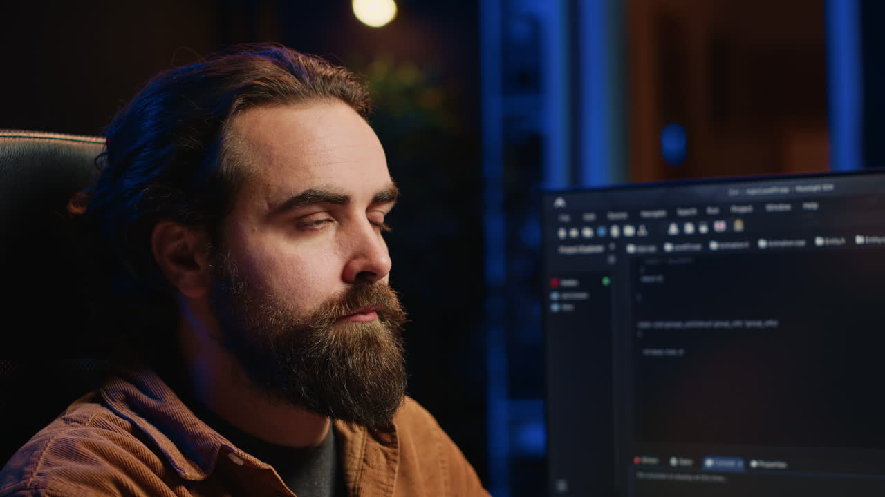 IT admin thinking and drinking coffee while working on PC early in the morning