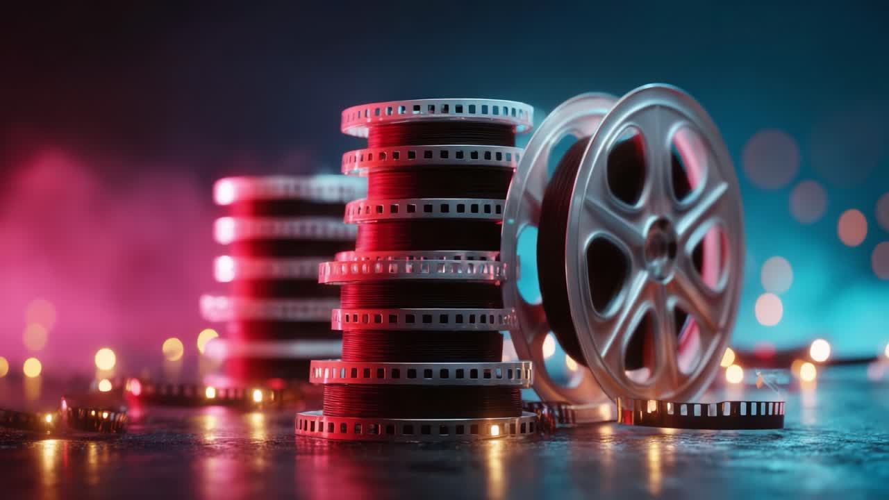A Captivating Composition of Film Reels and Projector Spools Highlighting the Artistry of Cinematic Storytelling in a Glowing Atmosphere