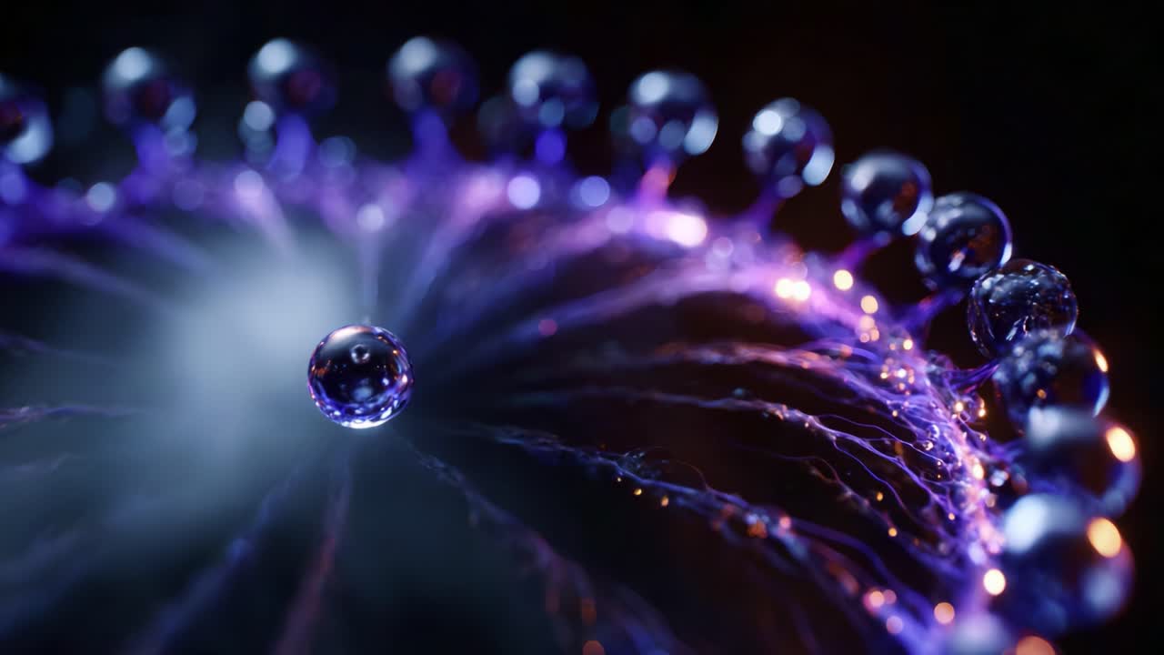 A mesmerizing visual of illuminated droplets and wisps of energy, showcasing the beauty of fluid dynamics and light interaction in ethereal formations