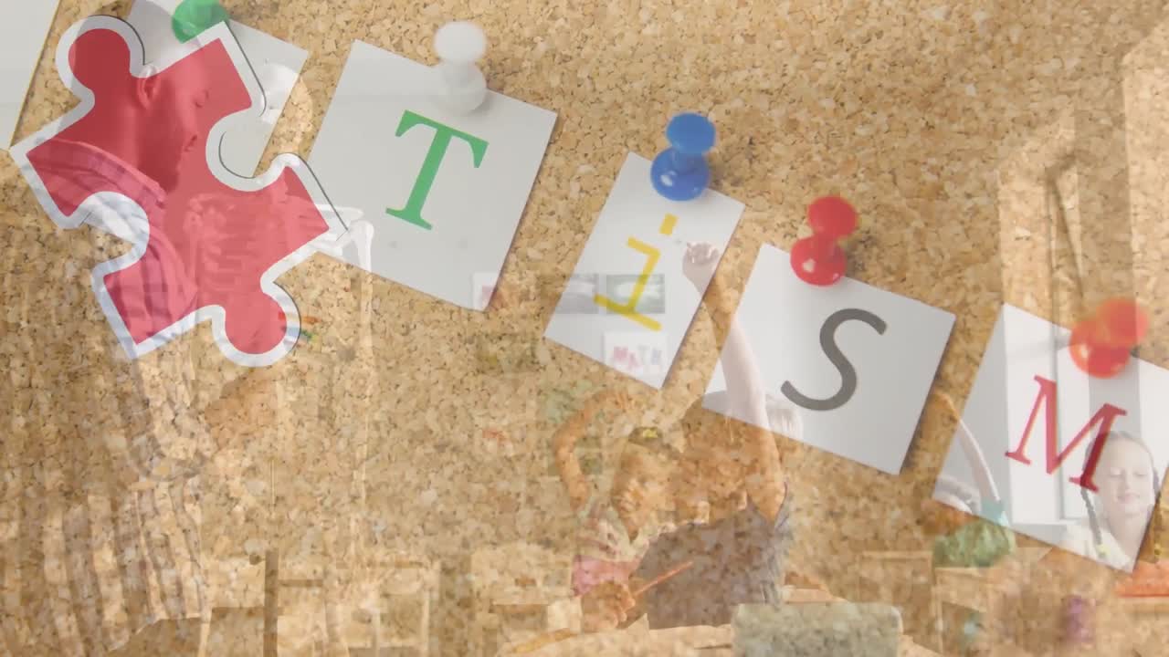 교사와 함께 다양한 학교 학생들을 대상으로 퍼즐과 자폐증 텍스트의 애니메이션