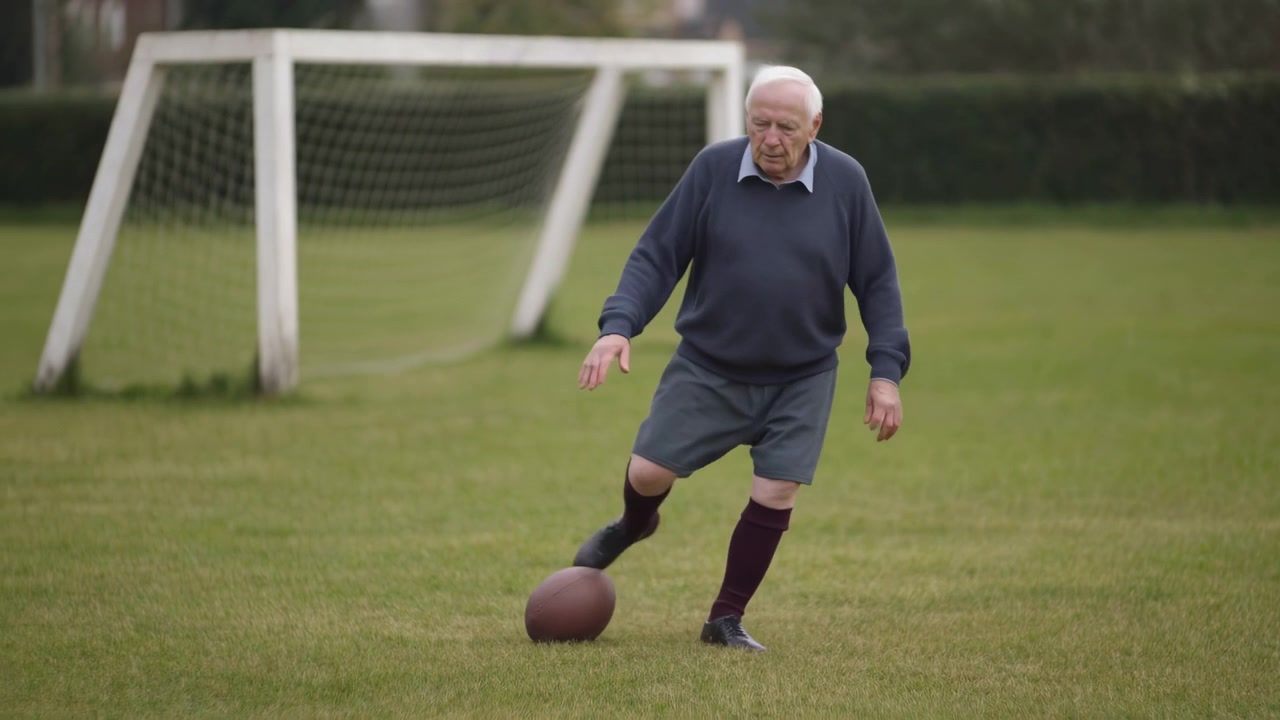 Homem idoso com suéter escuro, shorts, meias longas e sapatos caminha lentamente por um campo de futebol gramado ao lado de um gol antigo e uma bola em primeiro plano, com fundo de cerca viva desfocado, luz suave do dia e tons suaves.
