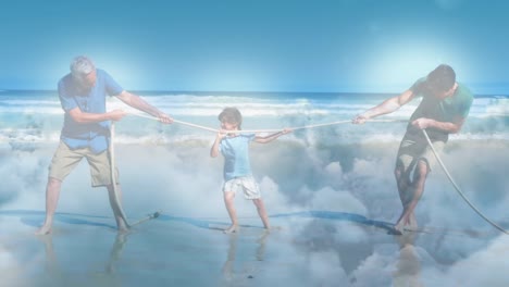 animation of glowing light over happy senior man with his son and grandson pulling rope by seaside