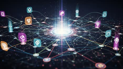 a digital network of icons and connections radiating from a central point, signifying data exchange and interaction in a technological environment
