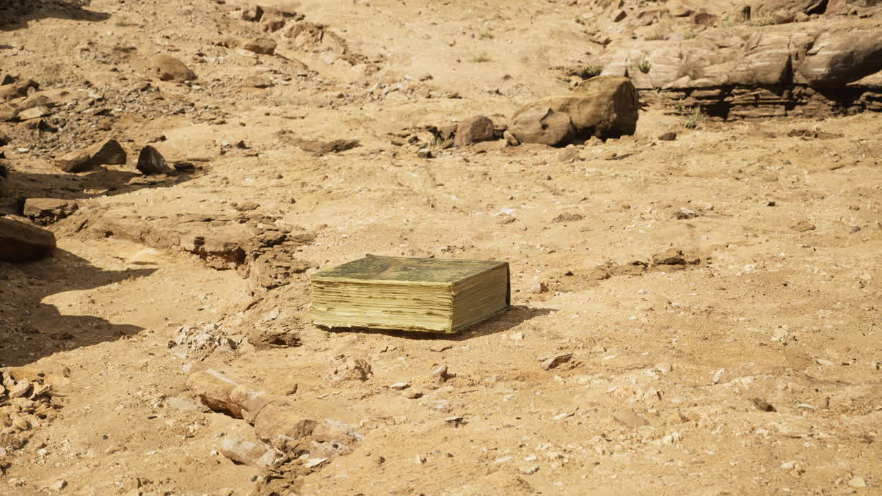 Open book resting on dry cracked earth in a sunlit landscape