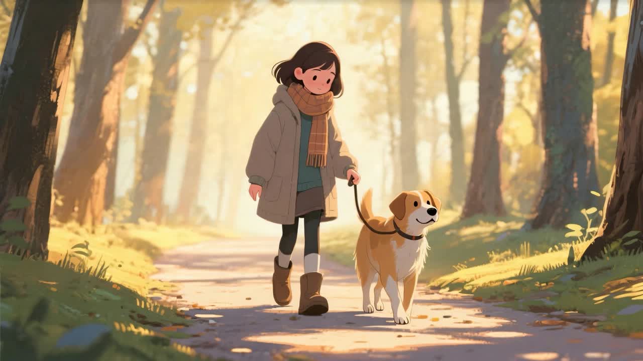 Girl walking her dog outdoors