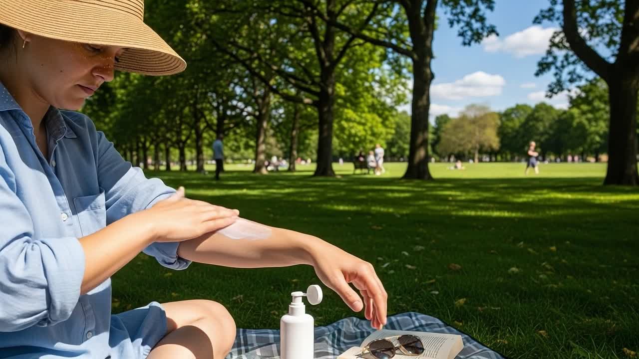 A woman in a sun hat applying sunscreen on her arm while relaxing on a blanket in a sunny park surrounded by greenery and people enjoying the beautiful day