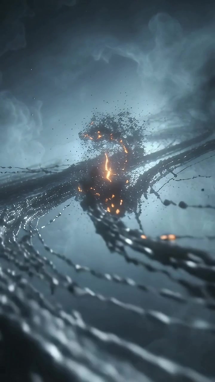 Vertical video: Moving camera showing filaments converging in fog to blue light, forming ember knot