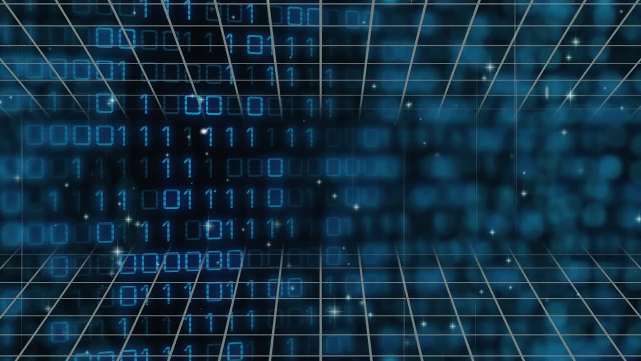 Slow cam shifting initiating 3D wire grid pulsing, binary column sharpening, visualizing data flow
