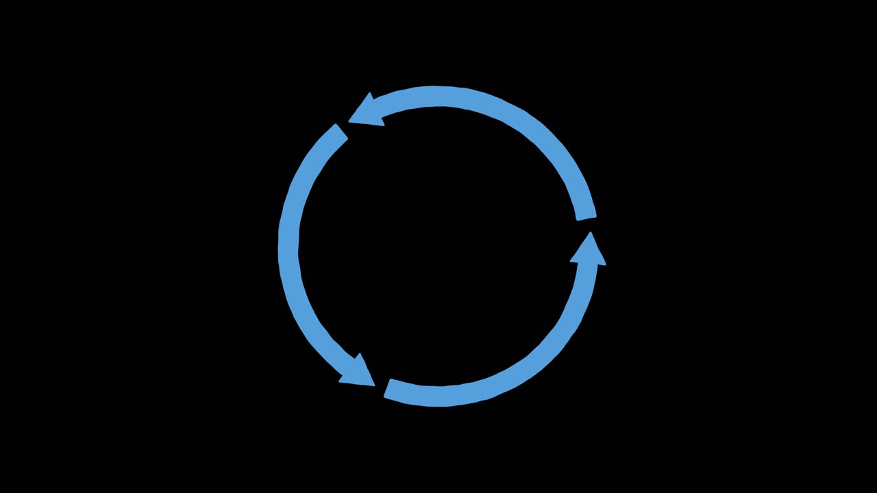 Blue circular arrow smoothly rotates clockwise, seamless loop, minimal design, black background, flat style