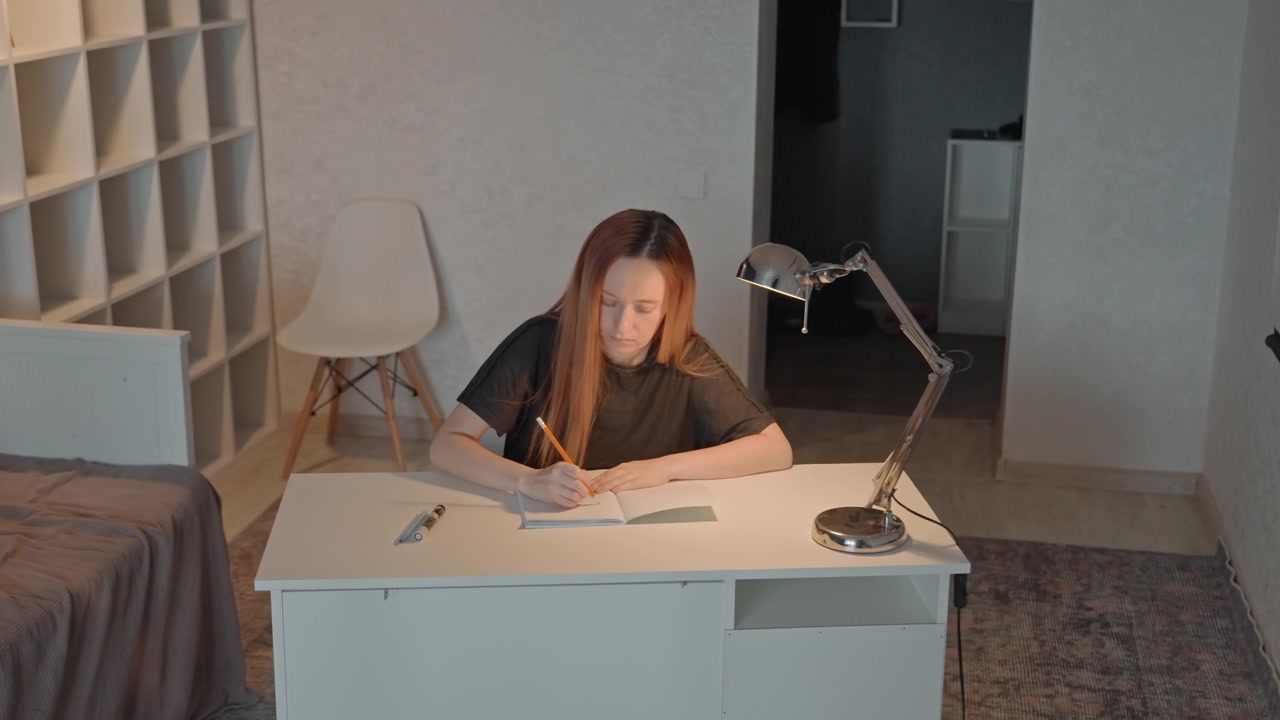 Young woman with long hair writes in notebook at white desk. Silver pencil rests on paper within open page. Behind her is tall shelving unit filled with empty compartments