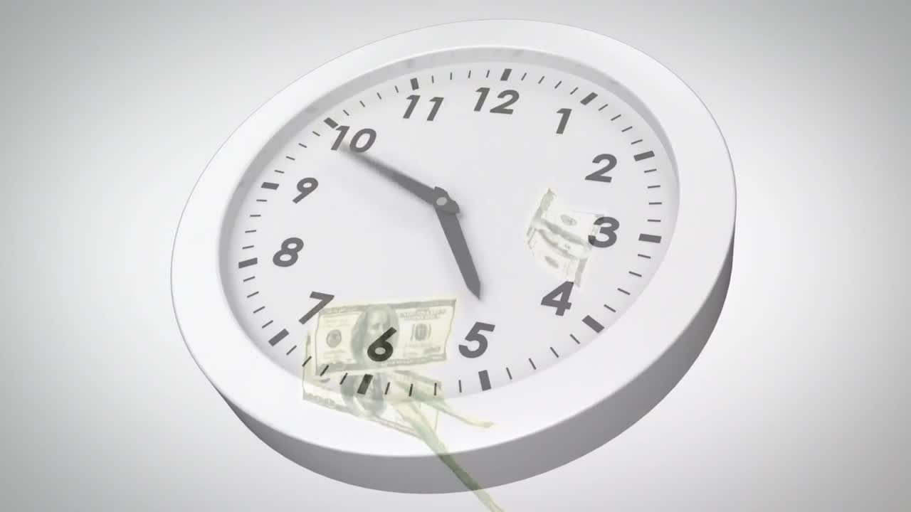 animación del reloj que hace tic-tac sobre los billetes de moneda del dólar estadounidense.