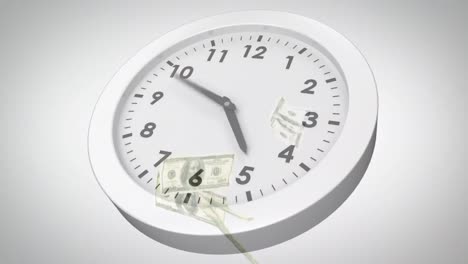 animation of clock ticking over american dollar currency banknotes