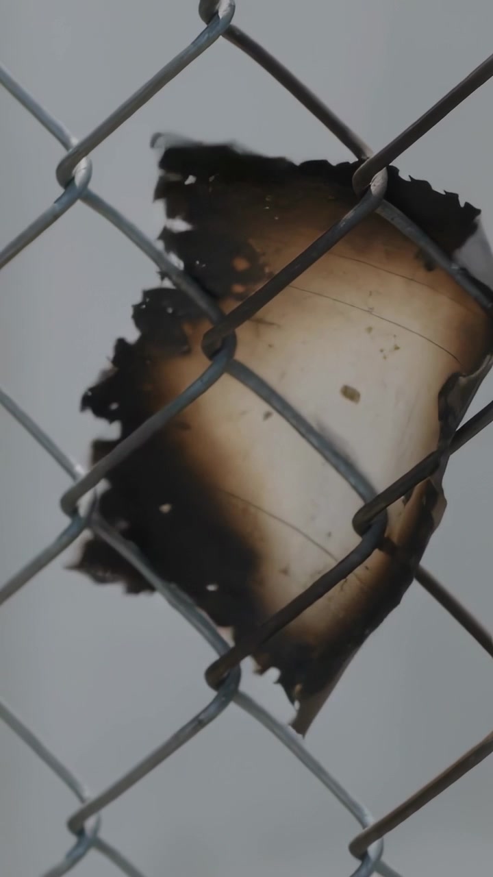 Vertical video: Camera shifting, charred plastic fragment tilting and swaying on chain-link fence