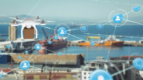 animation of network of connections with icons over delivery drone with parcel