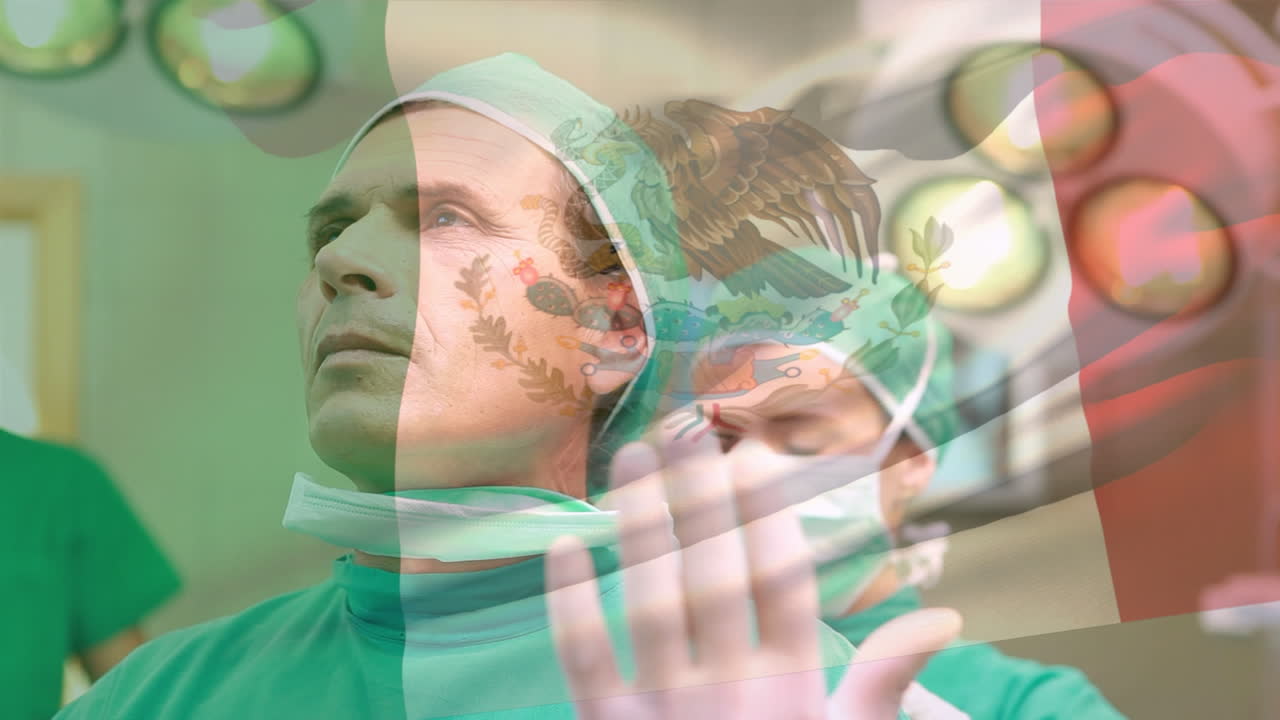 얼굴 마스크를 착용 한 다양한 의사 들 위 에 멕시코 의  ⁇ 발 의 애니메이션