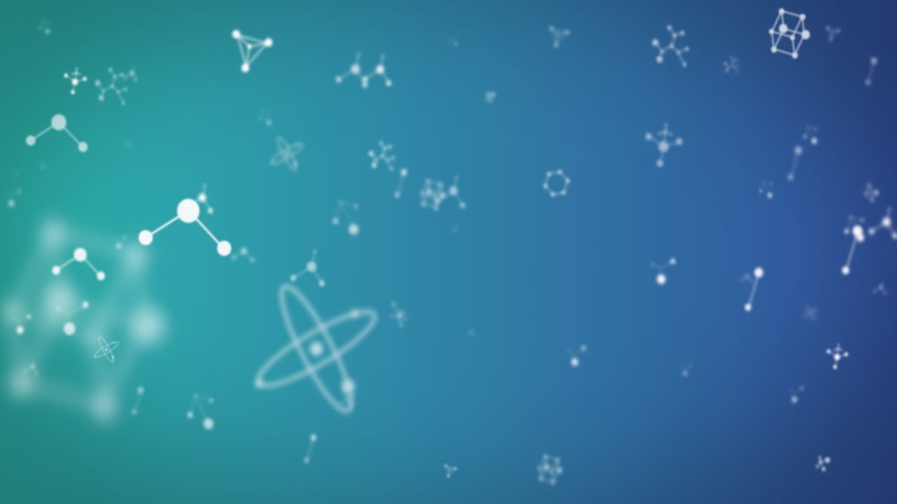 Molecules and atomic structures animation over blue and green gradient background