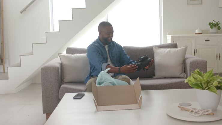 Adult African American male seeing open box on sofa, lifting and checking black shoe quality