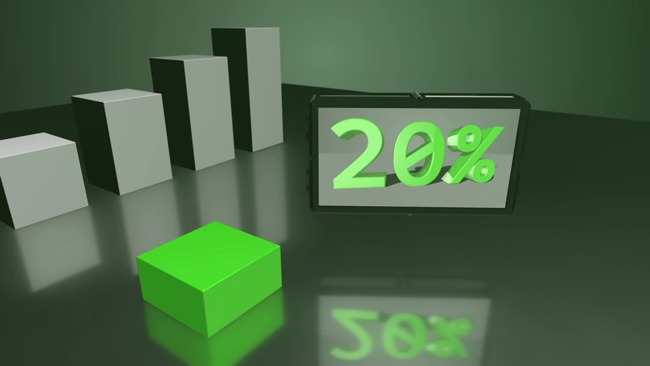 diagrama de barras 3d verde con pantalla de hasta el 57%