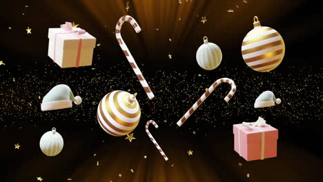 candy canes, gifts and christmas baubles over falling gold stars on black background